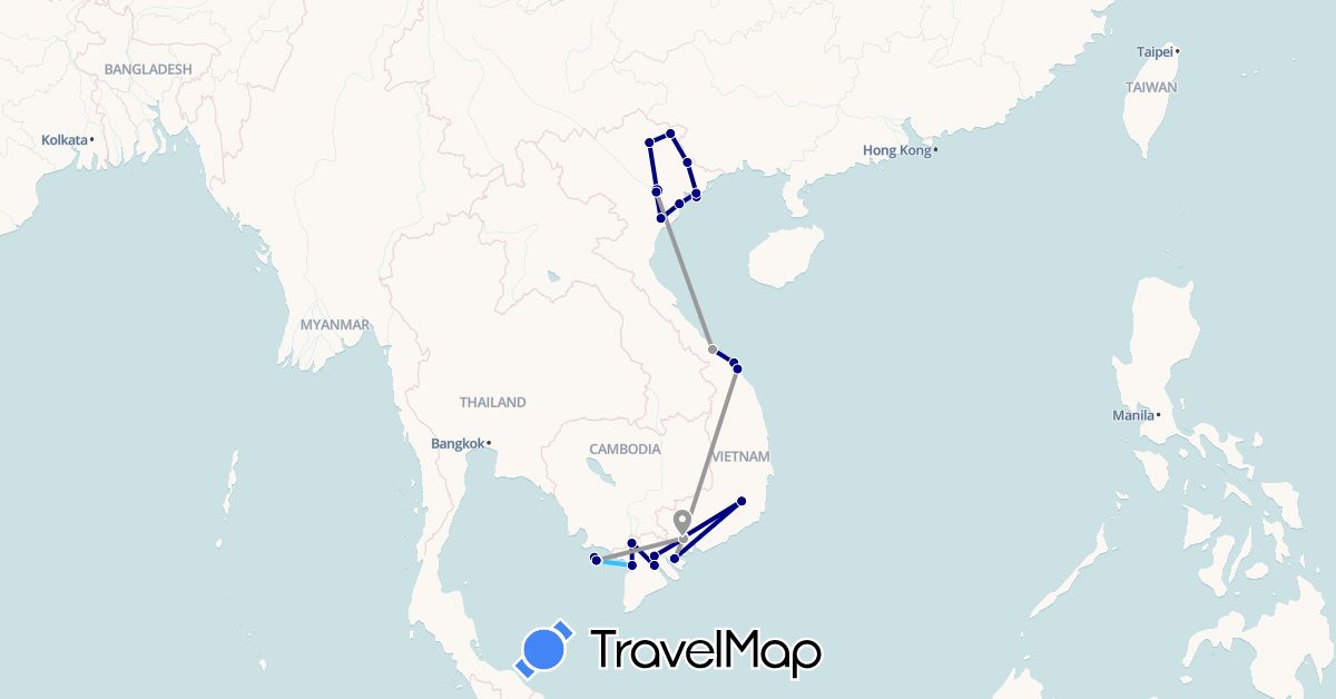 TravelMap itinerary: driving, plane, boat in Vietnam (Asia)