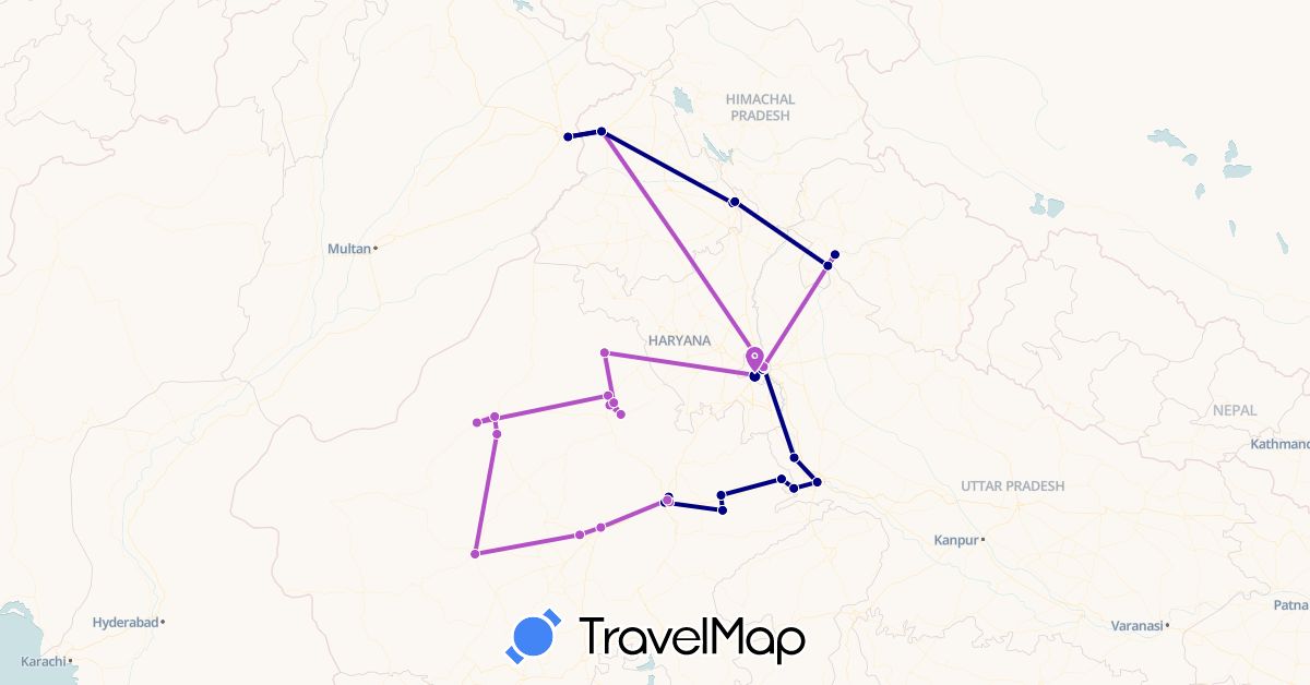 TravelMap itinerary: driving, train in India, Pakistan (Asia)