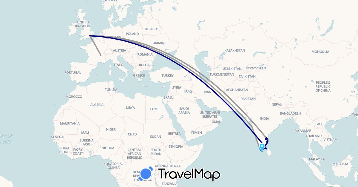 TravelMap itinerary: driving, plane, boat in France, United Kingdom, India (Asia, Europe)