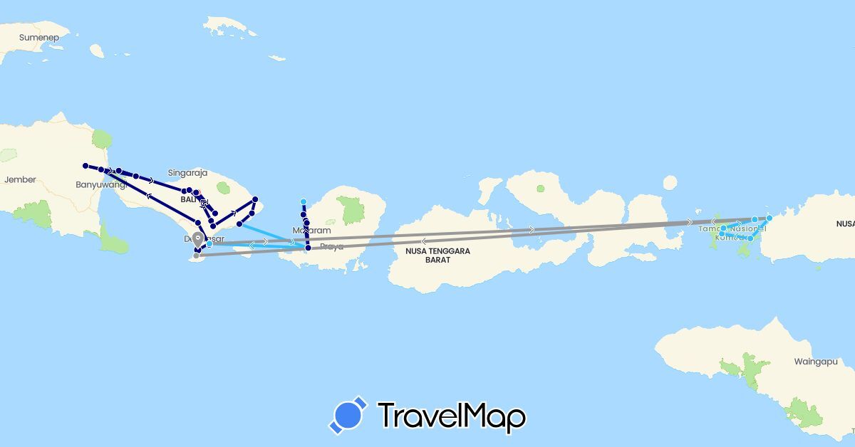 TravelMap itinerary: driving, plane, hiking, boat in Indonesia (Asia)