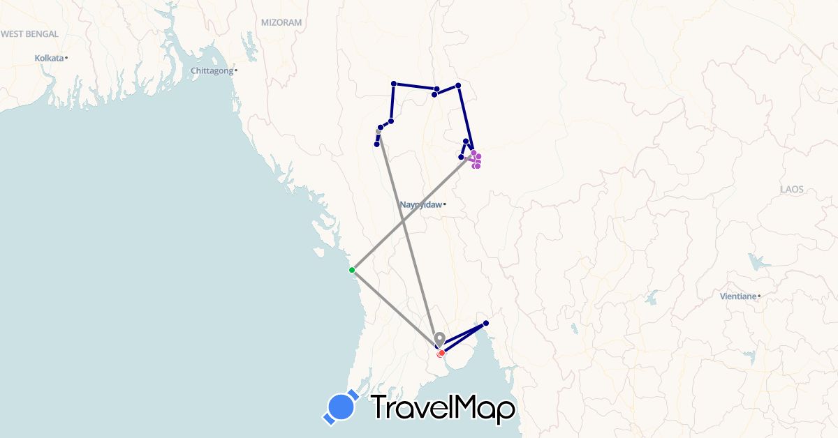 TravelMap itinerary: driving, bus, plane, train, hiking in Myanmar (Burma) (Asia)